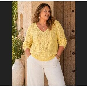 Sundance Pointelle Knit Sweater XXL Yellow Cotton Linen Boho V Neck Meadow Beach